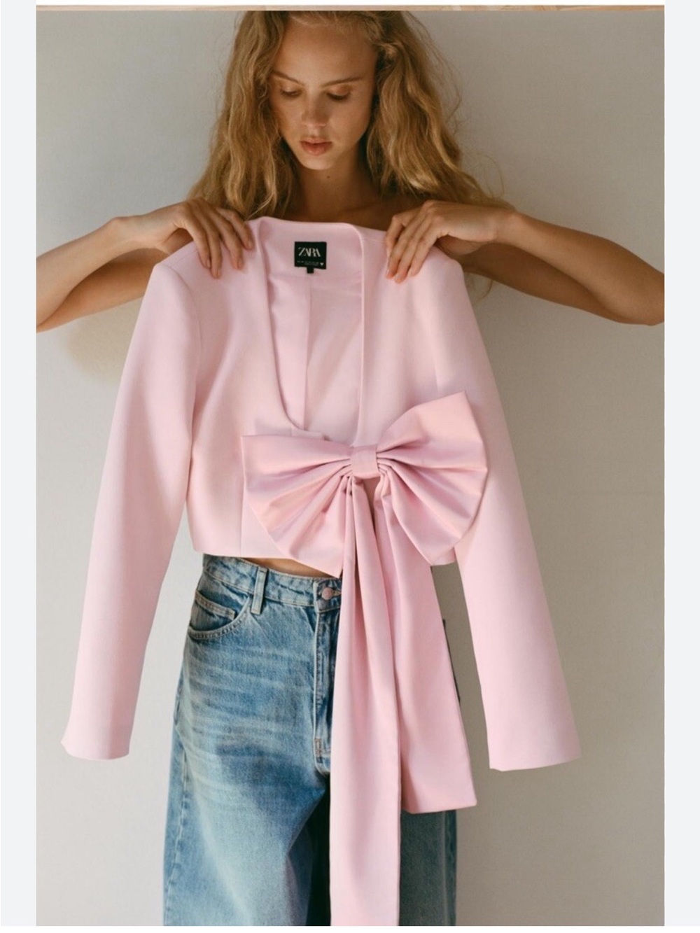 ZARA Light Pink Cropped Blazer with Satin Bow